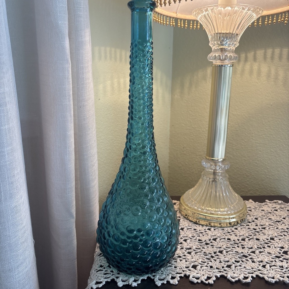 VTG MCM Empoli 15" Italy Blue Glass Bubbles Genie Bottle Decanter No Stopper